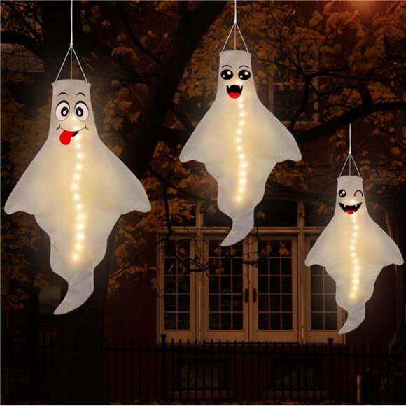 3PCS Halloween Decorations Outdoor Ghost Windsock LED Hanging Decor - Picture 1 of 8